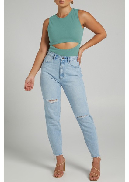 Mint Yeşili Yırtık Detaylı Basic Bodysuit