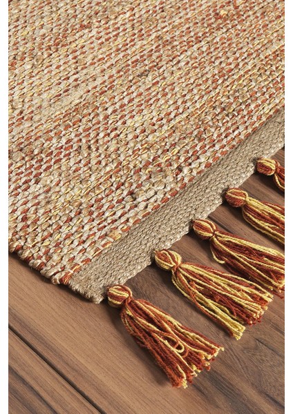 Pata 705-C Natural Turuncu Jüt Halı El Dokuma Natural Hasır Halı El Örgü Jüt Kilim 80X150