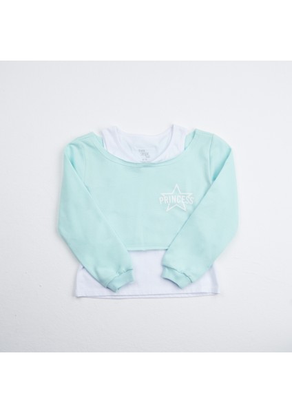 Organik Kız Çocuk Crop Atletli Sweatshirt - Su Yeşili
