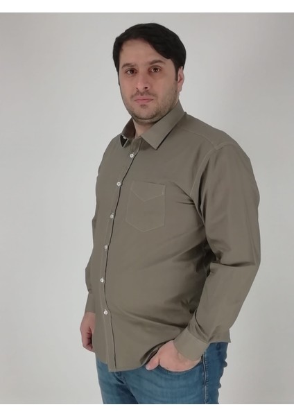 Büyük Beden Vintage Düz Haki Erkek Gömlek BTL-6177-TSS