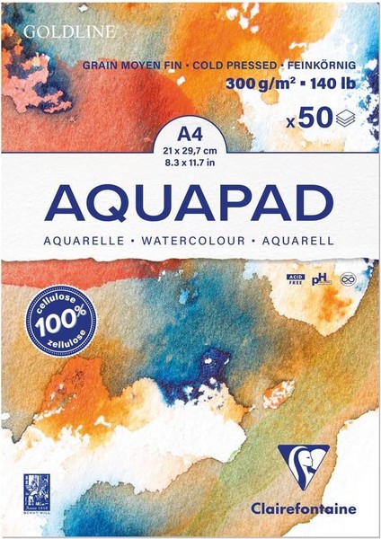 Goldline Aquapad Soğuk Baskı - Orta Doku Sulu Boya Defteri 300 Gr. A4 50 Yaprak