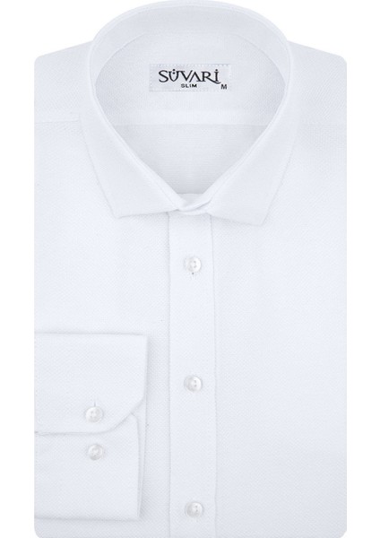 GM2024700291 Klasik Yaka Slim Fit Armürlü Beyaz Erkek Gömlek
