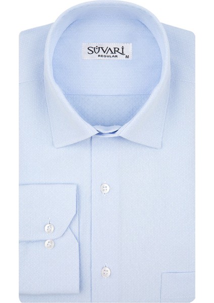 GM2025000183 Klasik Yaka Regular Fit Armürlü Mavi Erkek Gömlek