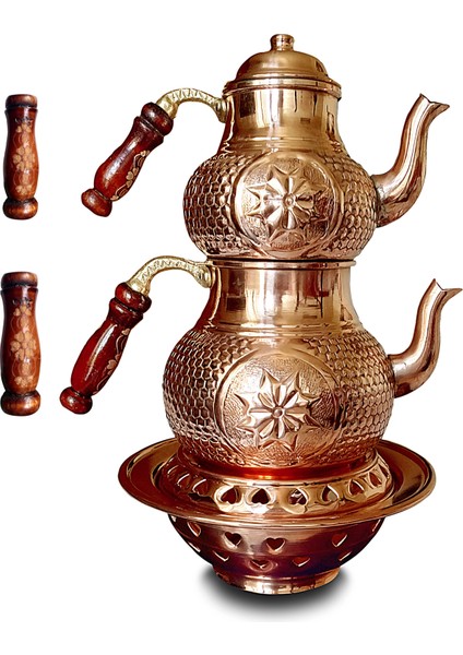 El Yapımı Yıldız Petek Zımba Ocaklı Bakır Çaydanlık Takımı
