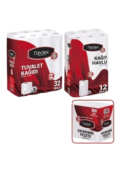 Tuvalet Kağıdı Çift Katlı 32 Li Pk + Flodex Kağıt Havlu Çift Katlı 12'li Paket + Peçete