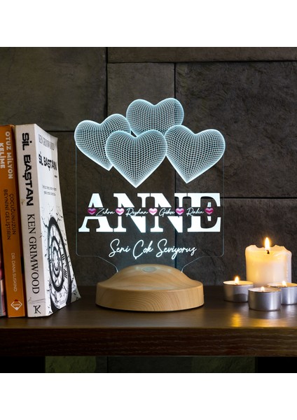 Anneler Günü Hediyesi, Anneye Hediye Kalpli Renkli Isim Yazılı Kişiye Özel 3D LED Lamba
