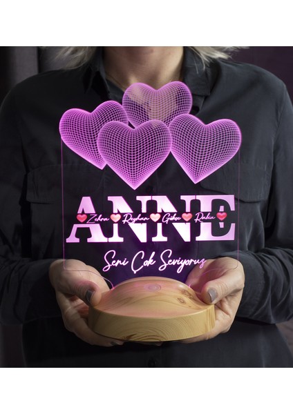 Anneler Günü Hediyesi, Anneye Hediye Kalpli Renkli Isim Yazılı Kişiye Özel 3D LED Lamba