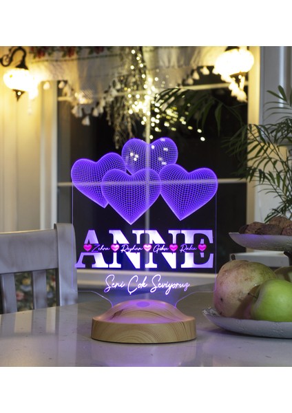 Anneler Günü Hediyesi, Anneye Hediye Kalpli Renkli Isim Yazılı Kişiye Özel 3D LED Lamba