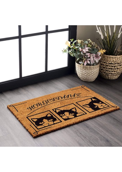 Paspas Hoşgeldiniz Kedi Desenli Kapı Önü Paspası