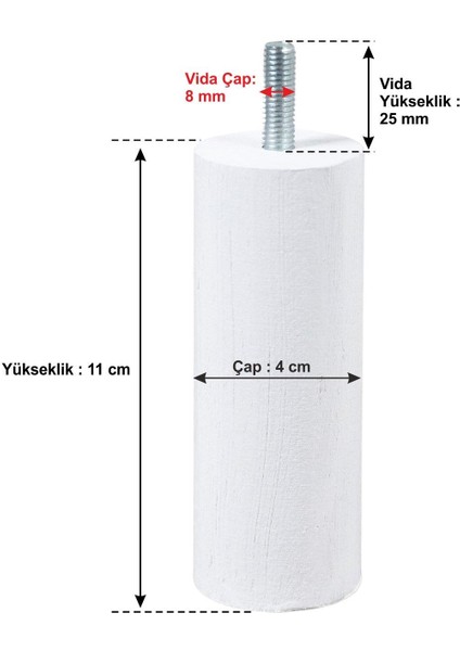 Ahşap Mobilya Baza Koltuk Kanepe Ayağı Vida Çapı 8 mm Beyaz