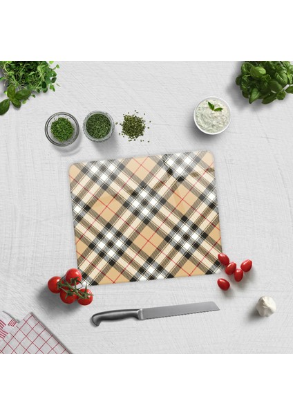 Cam Kesme Tahtası - Cam Kesme Tablası | Krem Ekose Desen | 29cm x 34cm