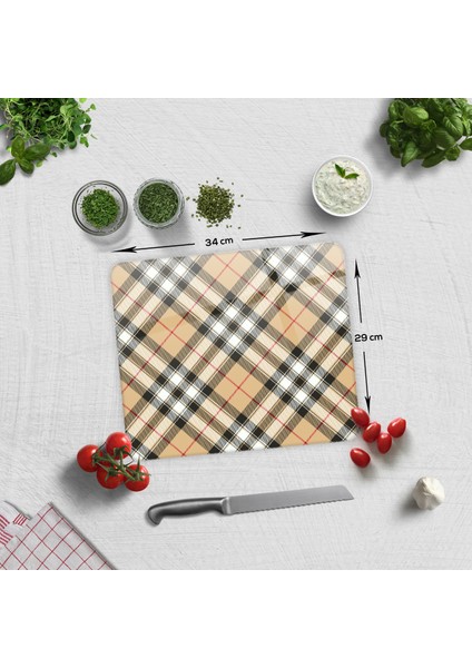 Cam Kesme Tahtası - Cam Kesme Tablası | Krem Ekose Desen | 29cm x 34cm fiyatları