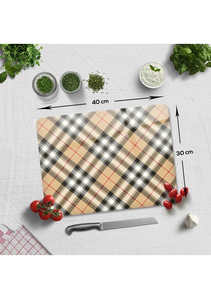 Cam Kesme Tahtası - Cam Kesme Tablası | Krem Ekose Desen | 30cm x 40cm fiyatları