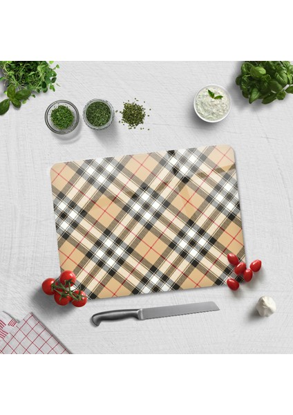 Cam Kesme Tahtası - Cam Kesme Tablası | Krem Ekose Desen | 30cm x 40cm
