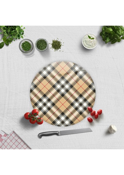 Cam Kesme Tahtası - Cam Kesme Tablası | Krem Ekose Desen | Çap 32cm