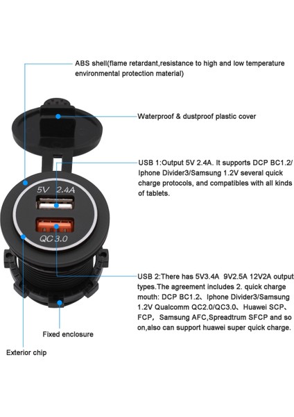 Evrensel Araba Qc3.0 Çift Bağlantı Noktası USB Şarj Güç Çıkışı Adaptörü 5 V 2.4A IP66 ile 60 cm Kablo (Yurt Dışından) modelleri