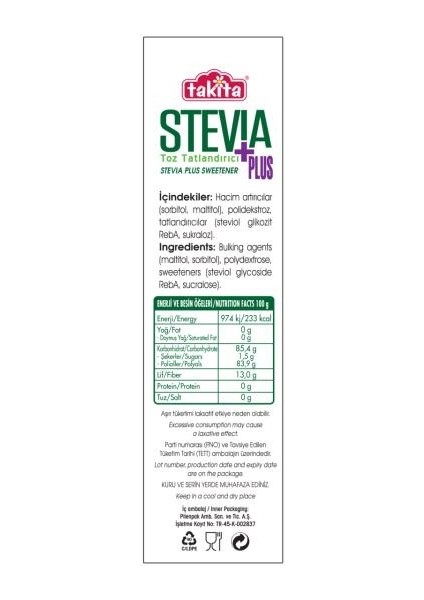 Stevia Plus Toz Tatlandırıcı 250 gr x 2