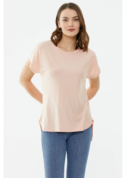Yarasa Kol Arkası Uzun Tshirt - Pudra