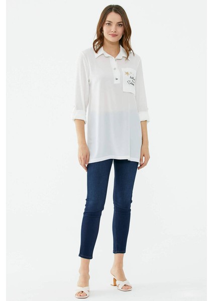 Cep Detaylı Krep Uzun Gömlek - Ekru