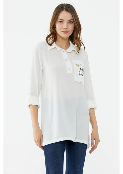 Cep Detaylı Krep Uzun Gömlek - Ekru fiyatları