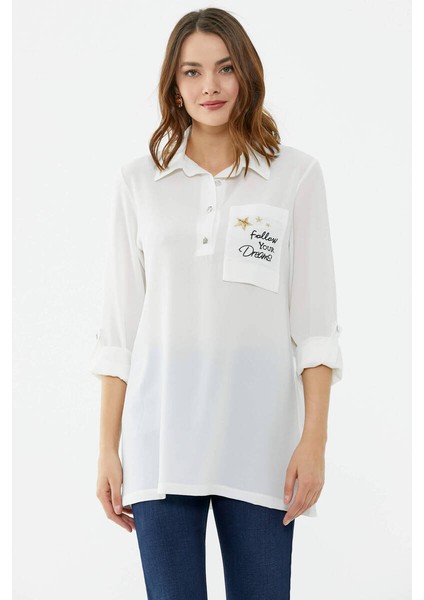 Cep Detaylı Krep Uzun Gömlek - Ekru modelleri