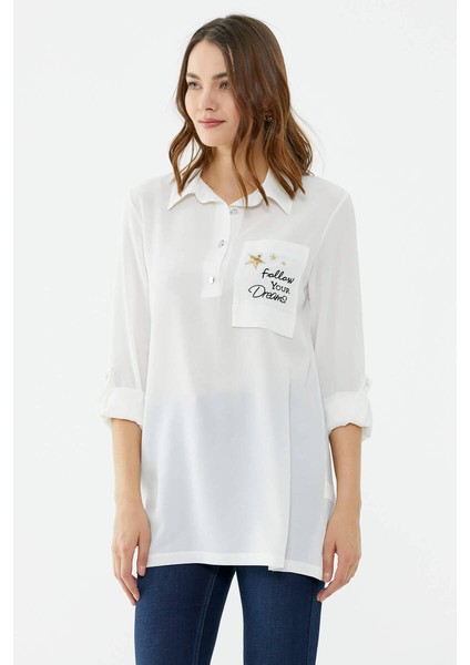 Cep Detaylı Krep Uzun Gömlek - Ekru fırsatları