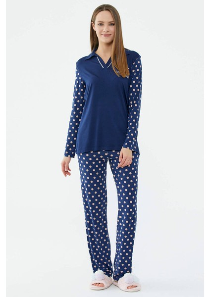 Puantiye Desenli Uzun Kol Pijama Takım - Lacivert