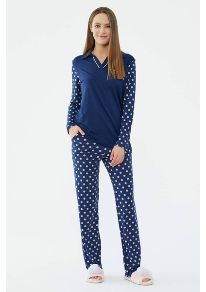 Puantiye Desenli Uzun Kol Pijama Takım - Lacivert fiyatları