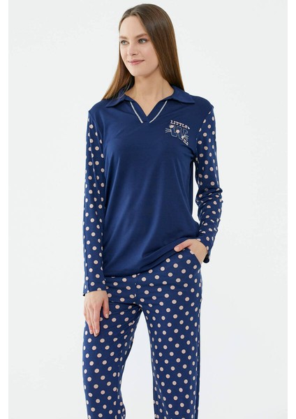 Puantiye Desenli Uzun Kol Pijama Takım - Lacivert modelleri