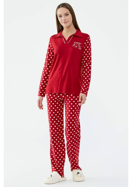 Puantiye Desenli Uzun Kol Pijama Takım - Kırmızı