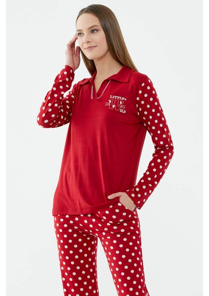 Puantiye Desenli Uzun Kol Pijama Takım - Kırmızı