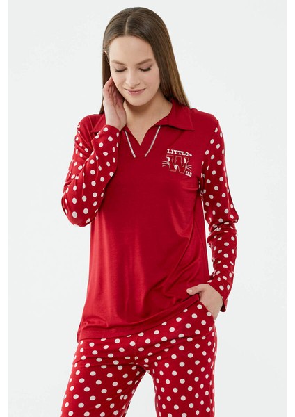 Puantiye Desenli Uzun Kol Pijama Takım - Kırmızı