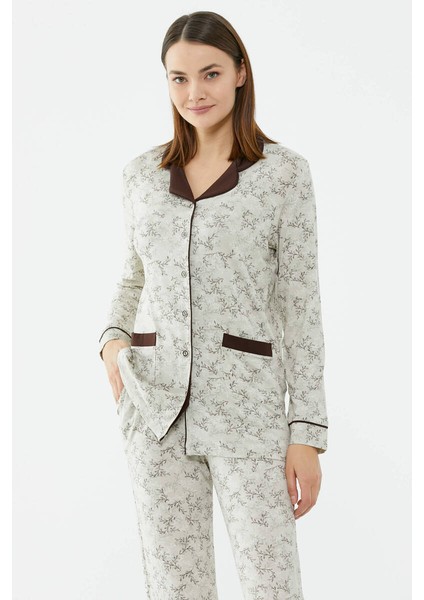 Önden Düğmeli Gömlek Yaka Pijama Takım - Kahve modelleri