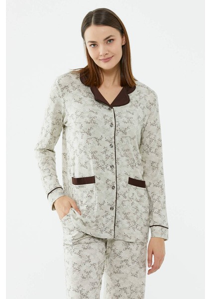 Önden Düğmeli Gömlek Yaka Pijama Takım - Kahve fırsatları
