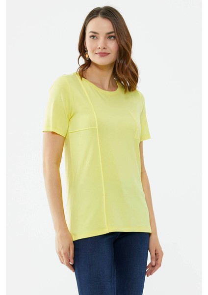 Kendinden Parçalı Cep Detaylı Tshirt - Sarı