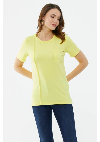 Kendinden Parçalı Cep Detaylı Tshirt - Sarı modelleri