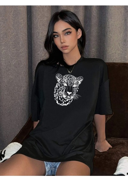 Kadın Leopar Figür Baskılı Oversize T-Shirt