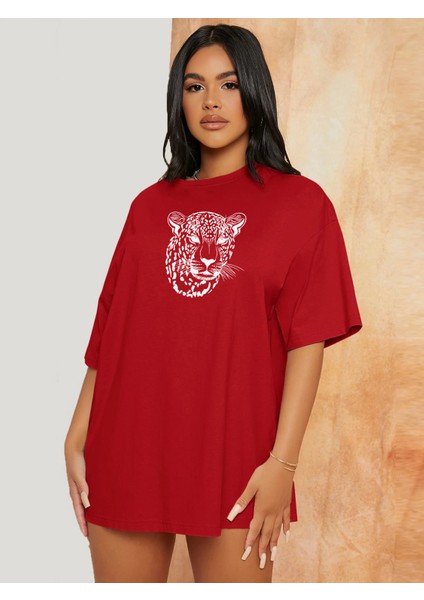 Kadın Leopar Figür Baskılı Oversize T-Shirt