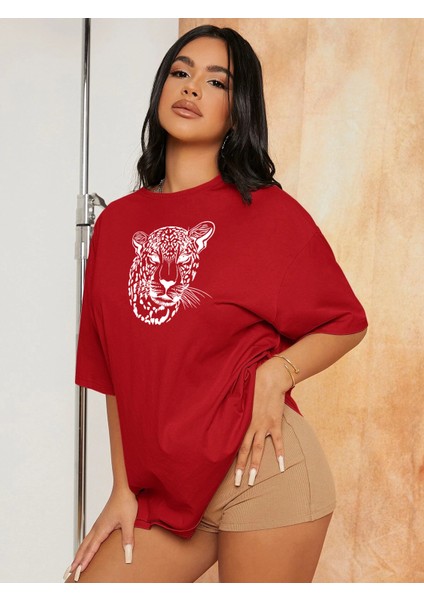 Kadın Leopar Figür Baskılı Oversize T-Shirt