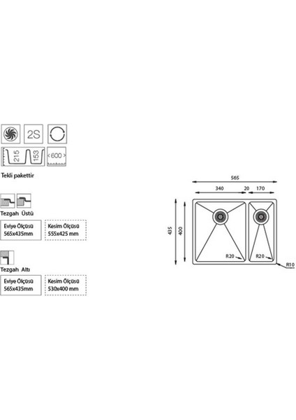 Me 340.70 Küçük Göz Solda Tezgah Altı Eviye fiyatları