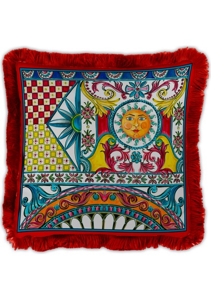 Sole Mio Kırmızı Püsküllü Kadife Yastık 45 x 45 cm