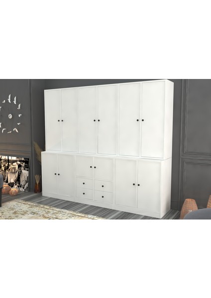 Dolapli Çekmeceli Vitrin Beyaz 196 cm VTR-1058-Ç