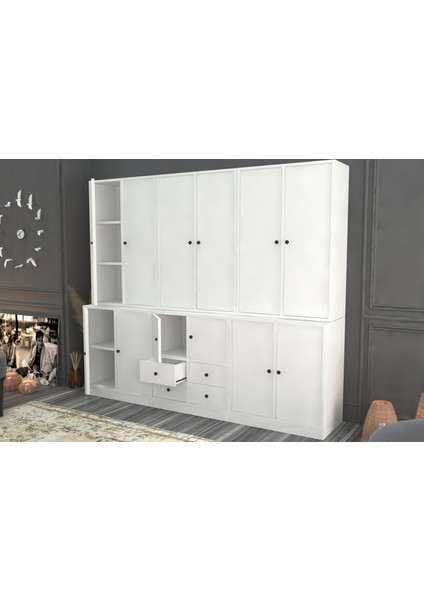 Dolapli Çekmeceli Vitrin Beyaz 196 cm VTR-1058-Ç fiyatları