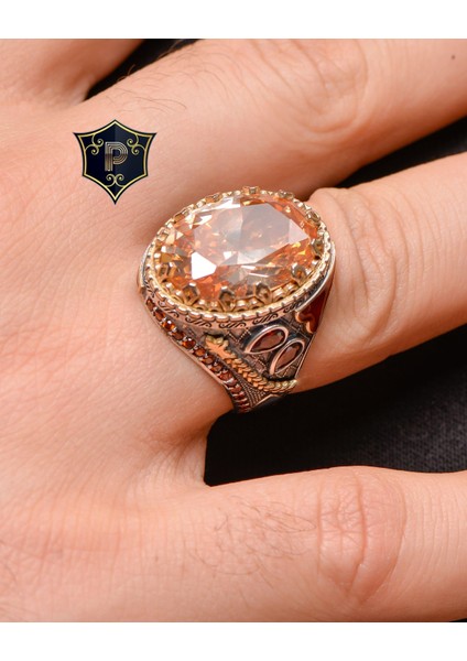Gümüş Gümüş Erkek Yüzük Sitrin Taşlı Şampanya Topaz Taş Süslemeli fiyatları