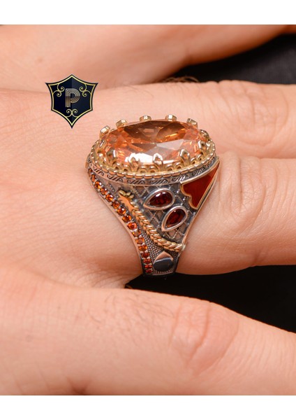 Gümüş Gümüş Erkek Yüzük Sitrin Taşlı Şampanya Topaz Taş Süslemeli modelleri