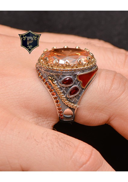 Gümüş Gümüş Erkek Yüzük Sitrin Taşlı Şampanya Topaz Taş Süslemeli fırsatları