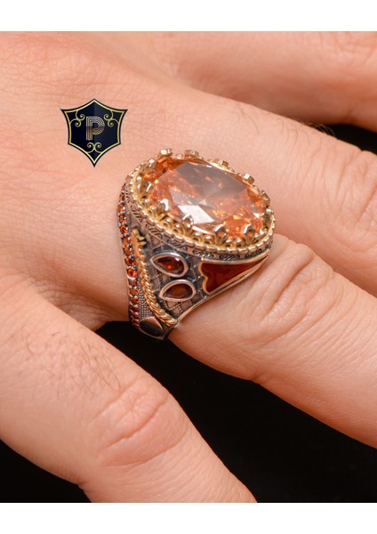Gümüş Gümüş Erkek Yüzük Sitrin Taşlı Şampanya Topaz Taş Süslemeli indirimleri