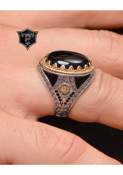 Gümüş Gümüş Erkek Yüzük Siyah Oniks Taşlı Zirkon Taş Süslemeli modelleri