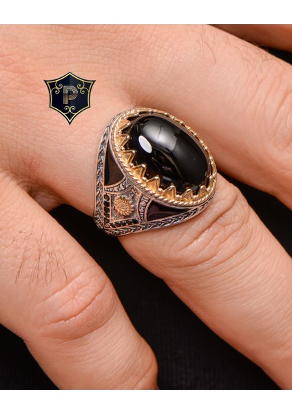 Gümüş Gümüş Erkek Yüzük Siyah Oniks Taşlı Zirkon Taş Süslemeli fırsatları