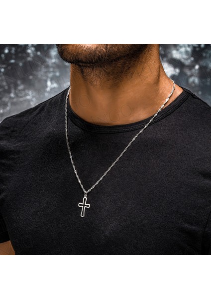 925 Ayar Gümüş Singapur Zincirli Sade Hac Cross Kolye